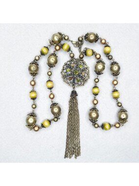 Vintage VCLM Necklace Victorian Revival Beaded Rhinestone Tassel Green Brown 26"